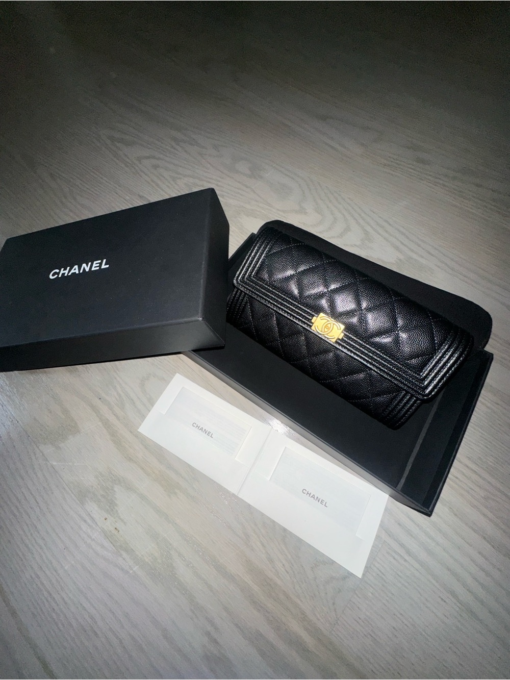 CHANEL Boy Wallet .Long Flap Wallet – Black Caviar Leather